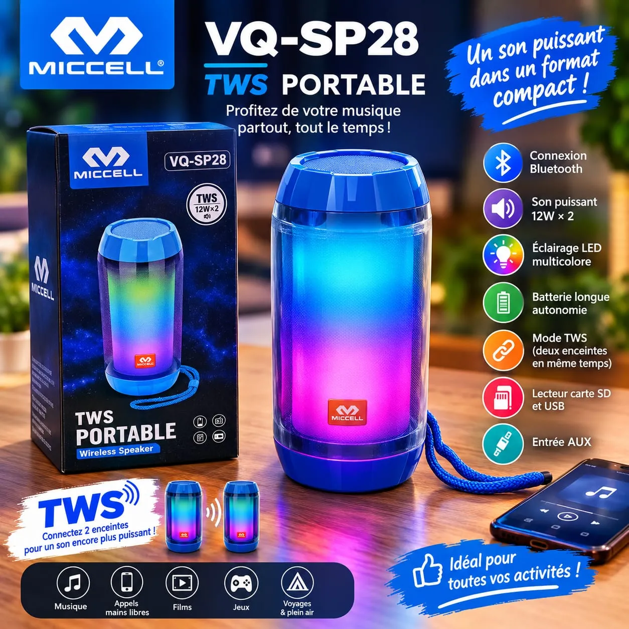 mini haut-parleur sans fil portable Miccell VQ-SP28